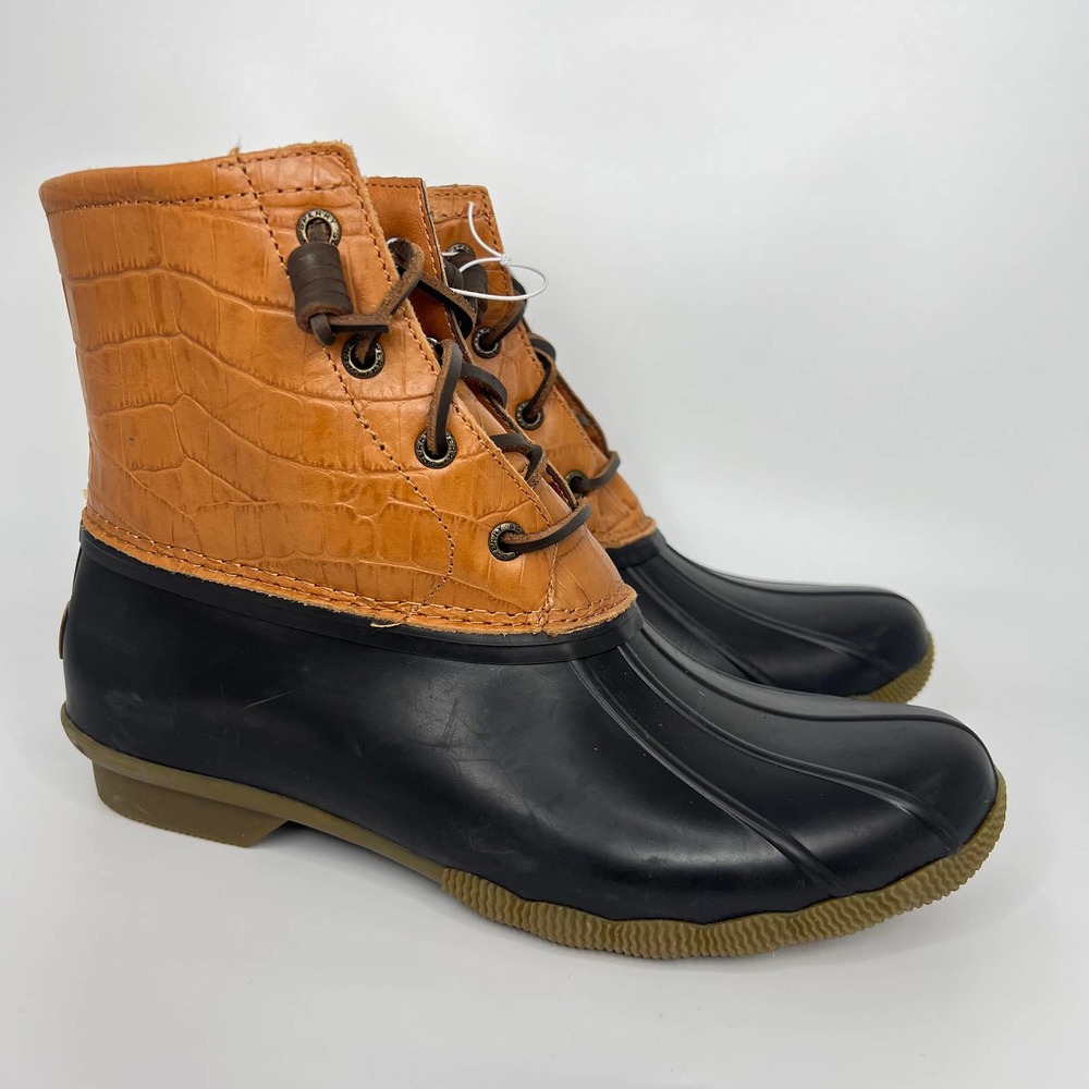NEW Sperry Saltwater Croc Leather Duck Boot Winter Snow Boots Tan